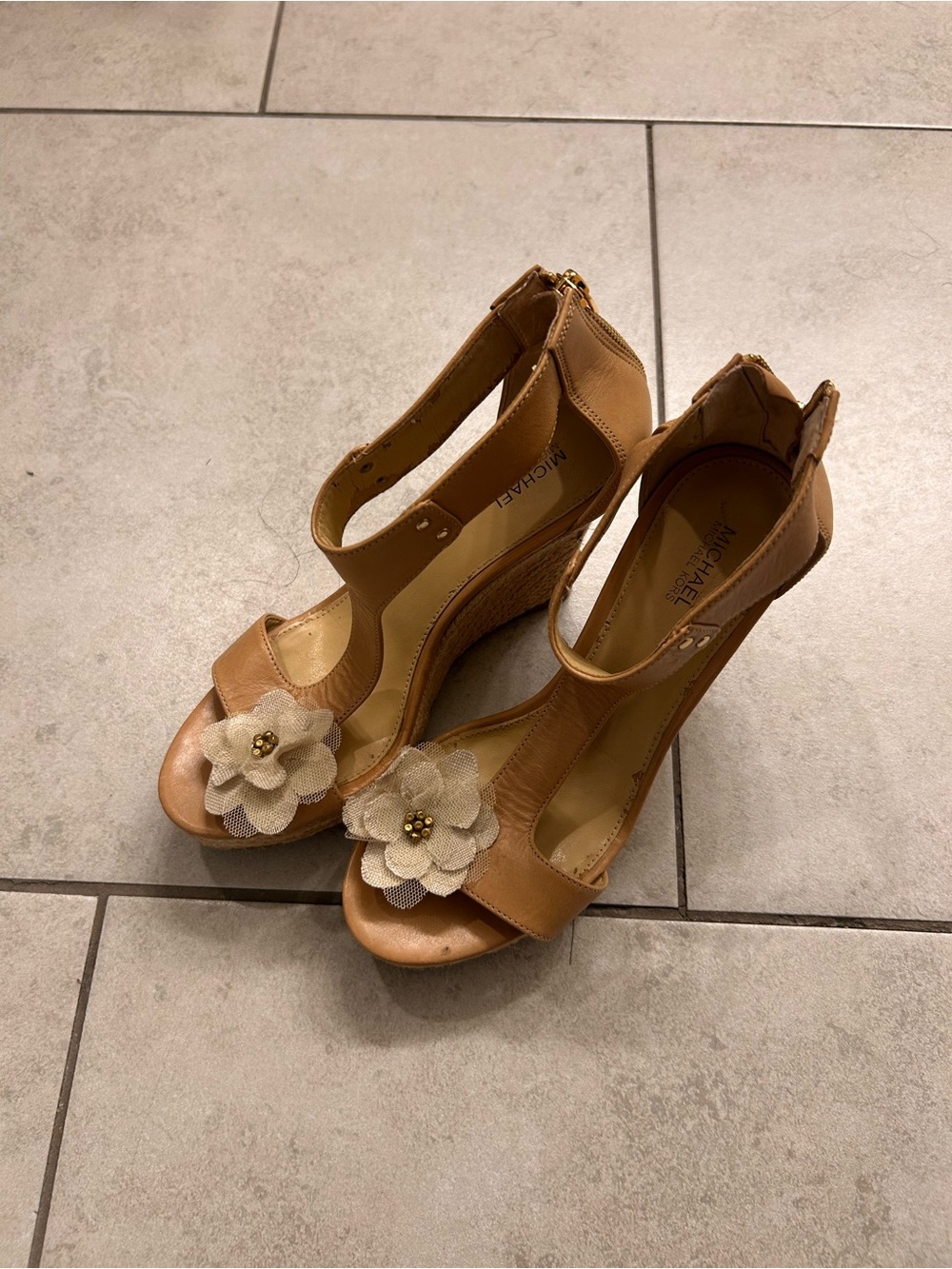Michael Kors Tan Wedge Sandals with Cream Floral Accent